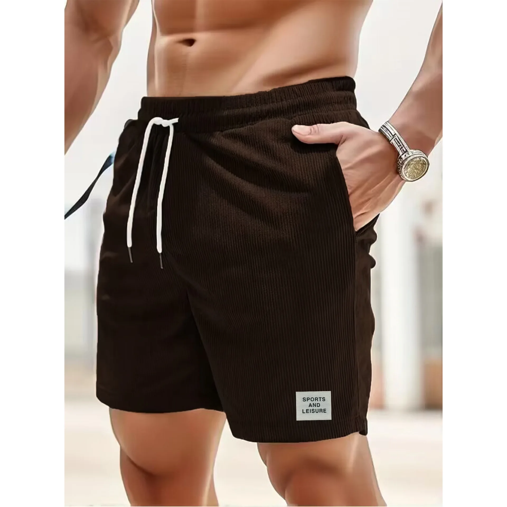 Summer New Solid Color Lace-up Sweatpants Corduroy Simple Five-quarter Shorts Men\'s Shorts Sports Casual Pants Skin Friendly