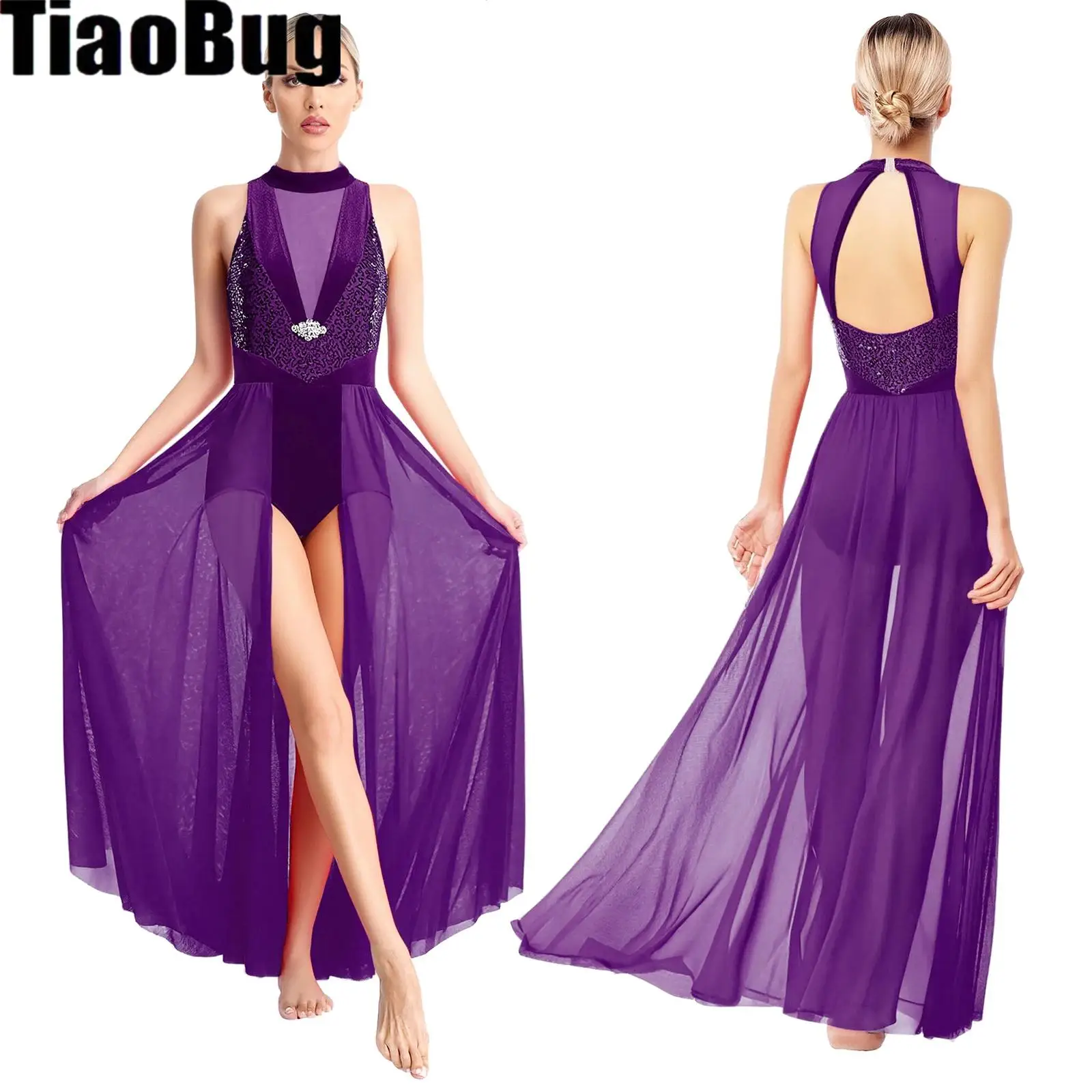 المرأة فستان رقص غنائي الحديثة المعاصرة ملابس رقص الترتر الرسن أكمام فستان ماكسي الباليه الجمباز يوتار فستان