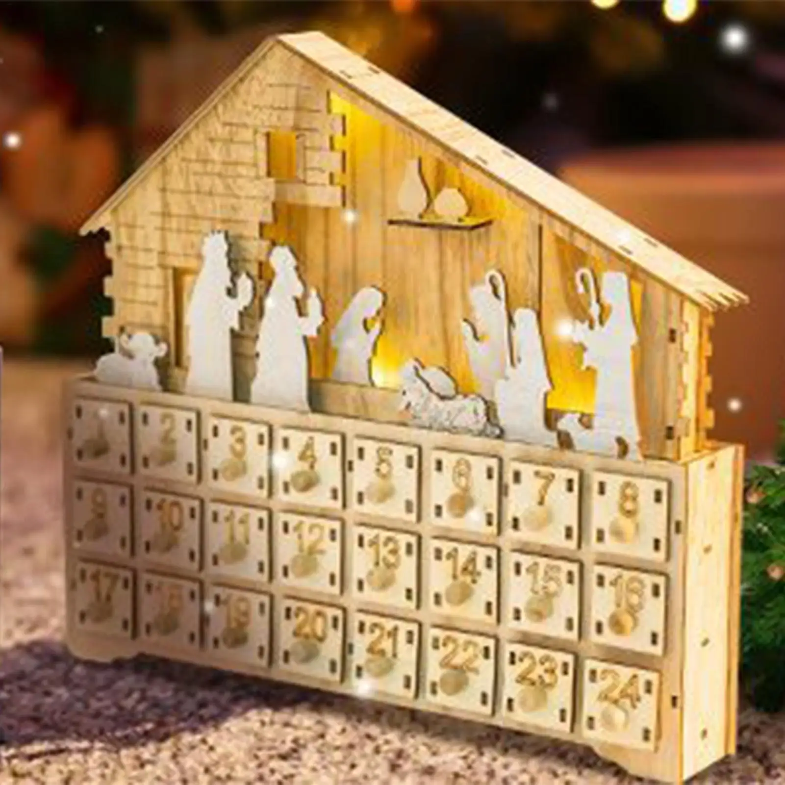 Calendrier de l'Avent en bois pour scène de la nativité, compte à rebours de 24 jours avec boîte à tiroirs lumineux LED, décor artisanal de noël pour table, maison, vacances