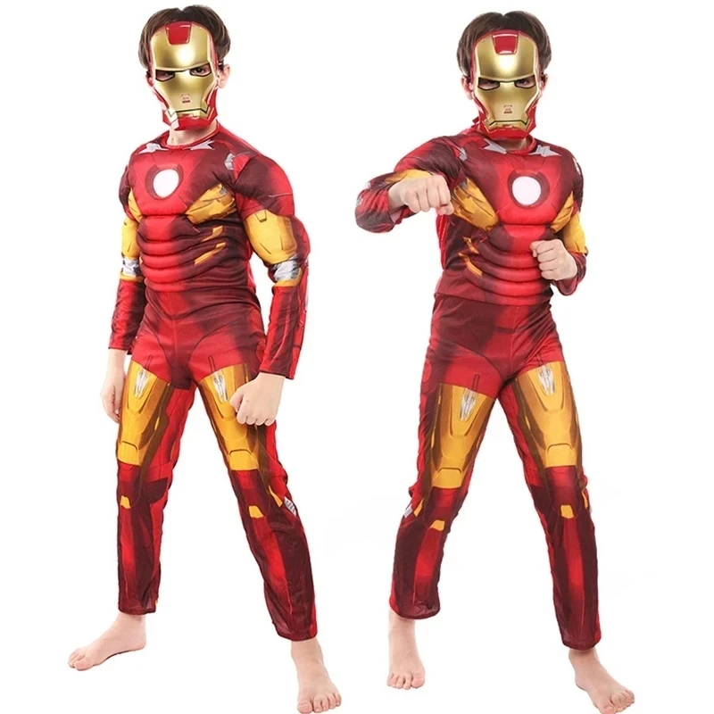 Kinder Eisen Mann Muskel Kostüm Superheld Eisen Mann Cosplay Kostüm Overall Maske Handschuhe Halloween Geburtstag Bodysuit für Jungen Geschenke