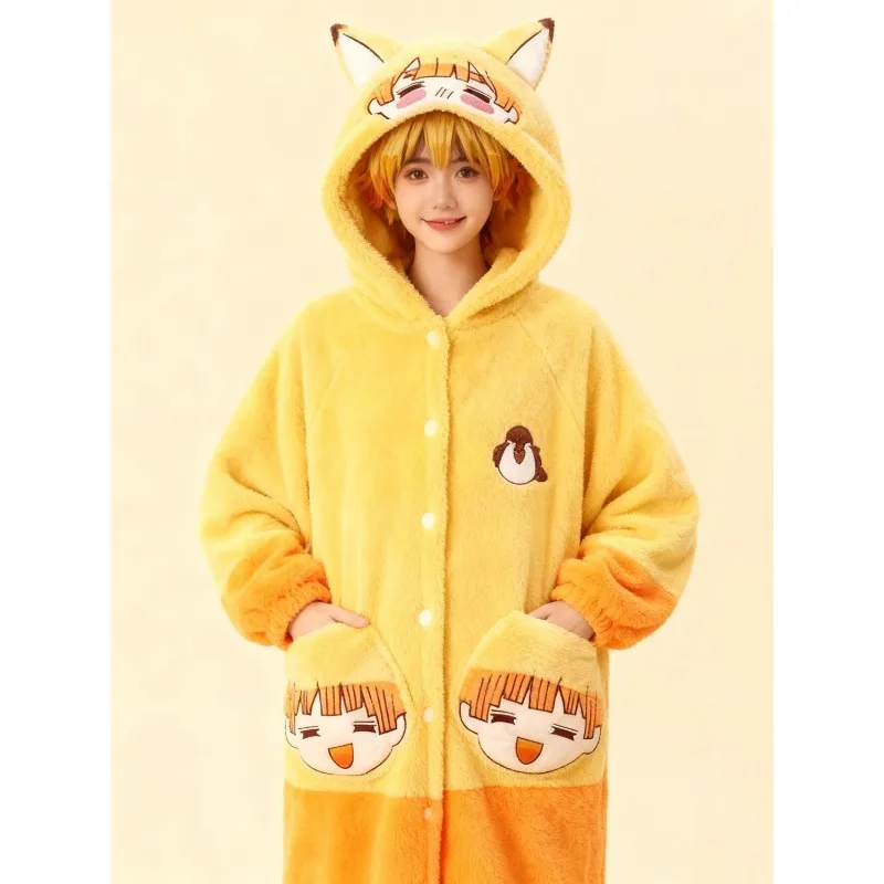 Anime Demon Slayer Agatsuma Zenitsu lindo patrón creativo de dibujos animados engrosado cálido suelto cómodo conjunto de albornoz de lana coral