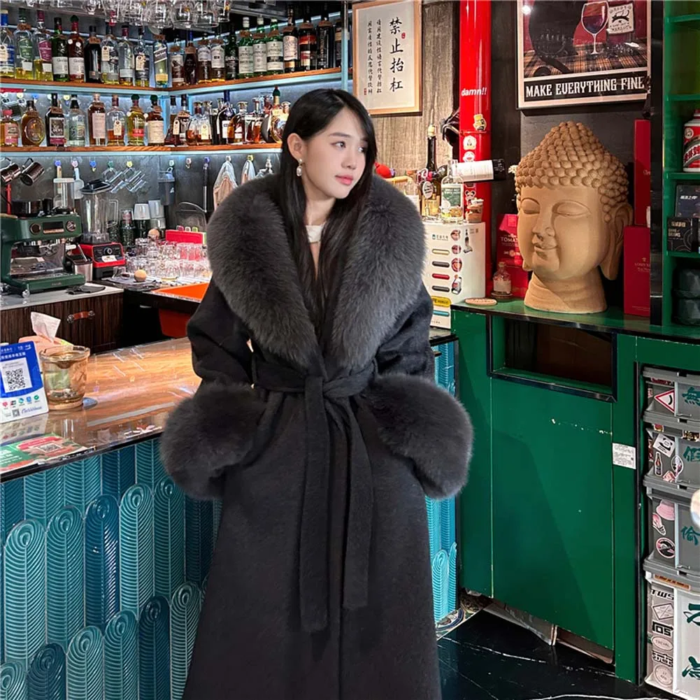 

Double-sided woolen cashmere coat for women 2025 autumn/winter new style fox fur collar mid-length slimming outerwear