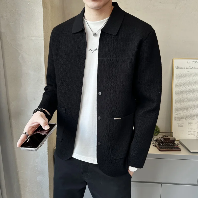 

Модный корейский мужской вязаный свитер с воротником-стойкой, повседневный осенний, с длинными рукавами, мягкий, дышащий, короткое пальто