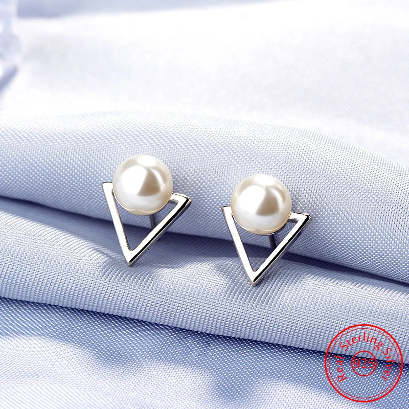 

Genuine 925 Sterling Silver Lady's Gift Jewelry New Trendy Triangle Pearl Stud Earrings XY0282