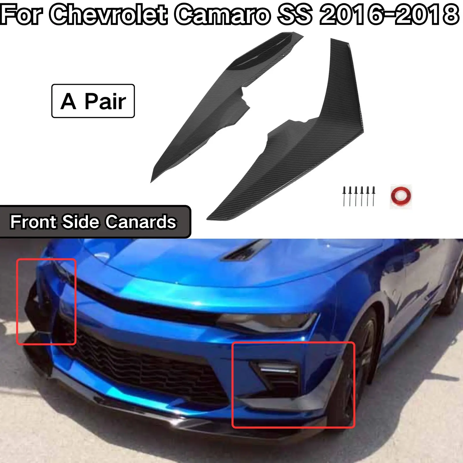 For Chevrolet Camaro SS 2016-2018 Front Side Canards Dive Plane Spoiler Car Accessories Body Kit Glossy Black Carbon Fiber Print
