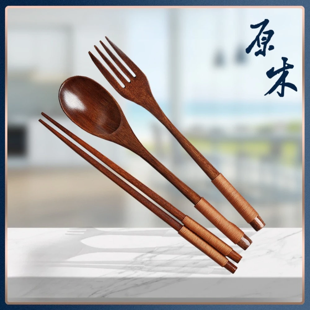 ملعقة وشوكة خشبية، سلسلة أدوات مائدة صديقة للبيئة، مجموعة ملاعق بيضاوية طبيعية مناسبة لبار عيدان تناول الطعام