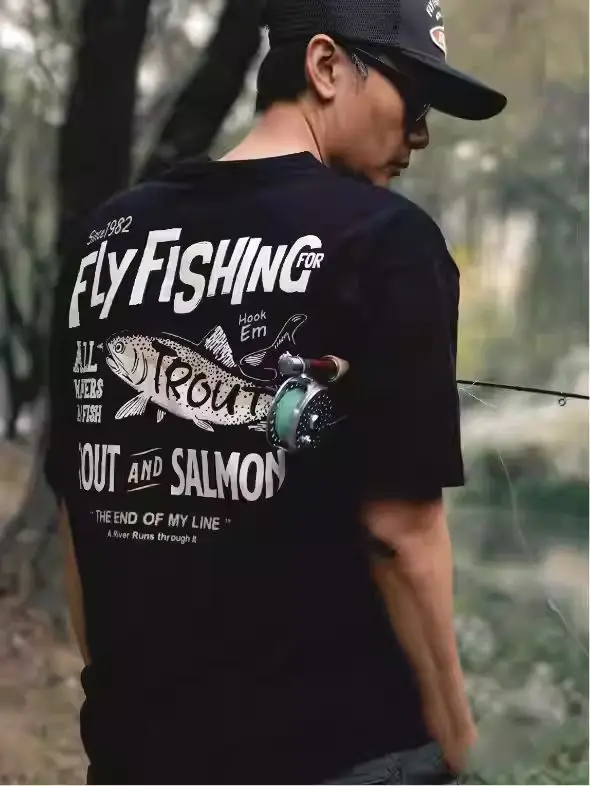 

American Retro Fly Hook Trout Print Luya Fishing Men and Women American Versatile Cotton Short-sleeved T-shirt