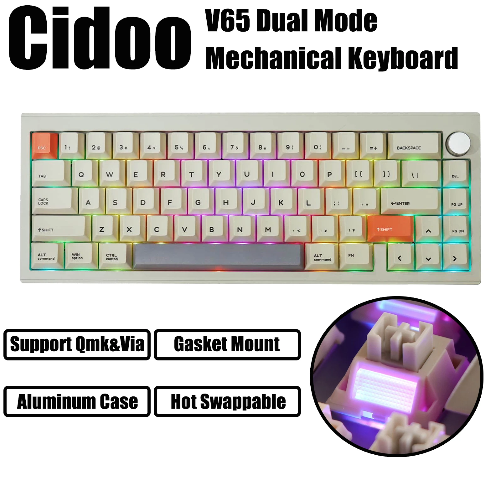 KeysLand Cidoo V65 V2 Wireless Mechanical Keyboard Aluminum CNC Gasket Hot Swappable PBT Keycap Support Via RGB Win Mac