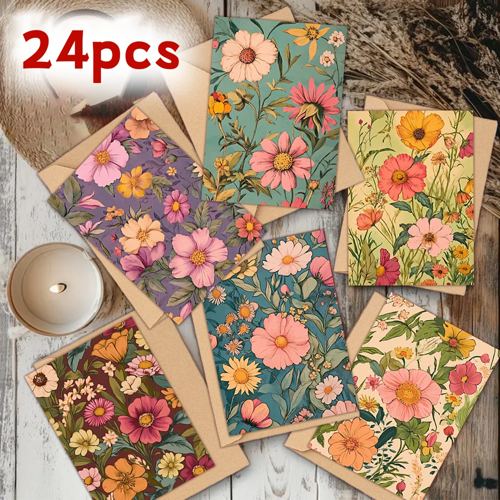 24 Stück, Vintage-Blumen-Grußkarten-Set mit Umschlägen für jedermann, DIY-Grußkarten, Einladungskarten, vielseitiger, lustiger Gruß – Detail 3