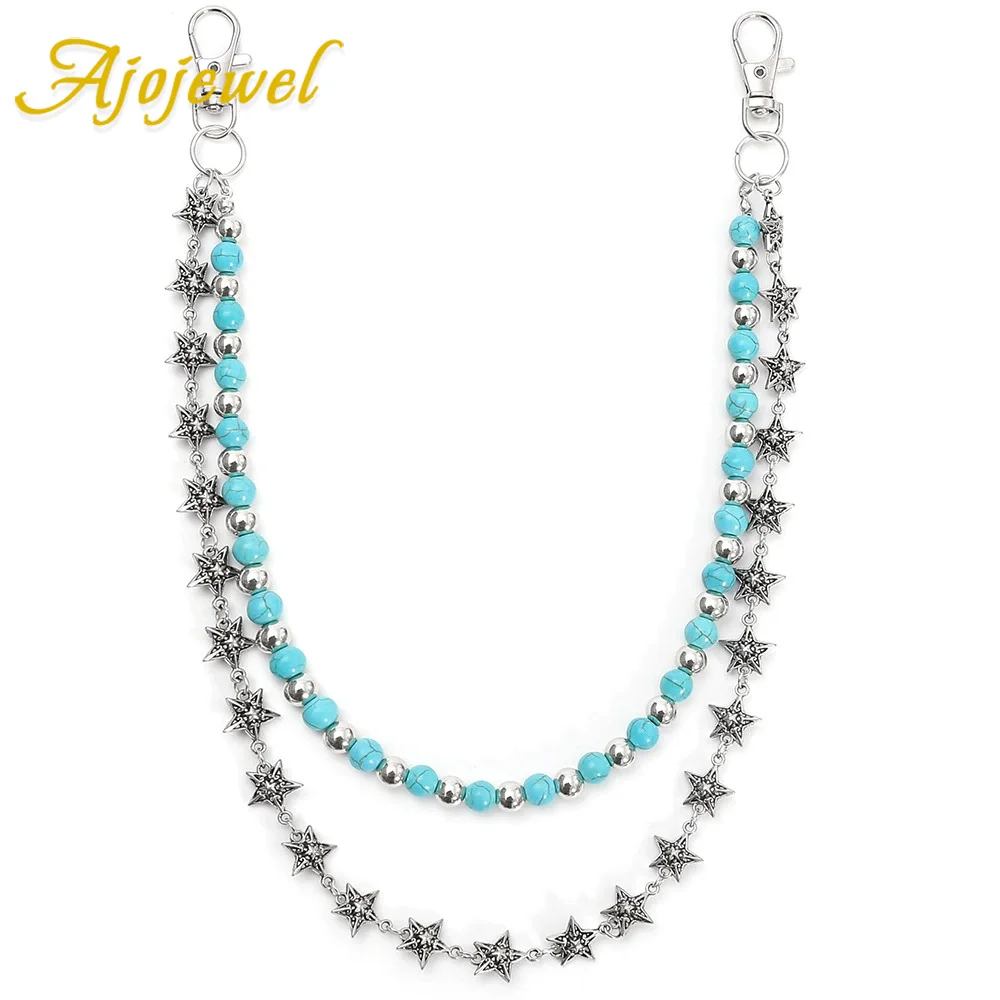 

Ajojewel Multi-layered Pentagram Waist Chain Handmade Blue Beads Pants Chain Stars Unisex Jewelry
