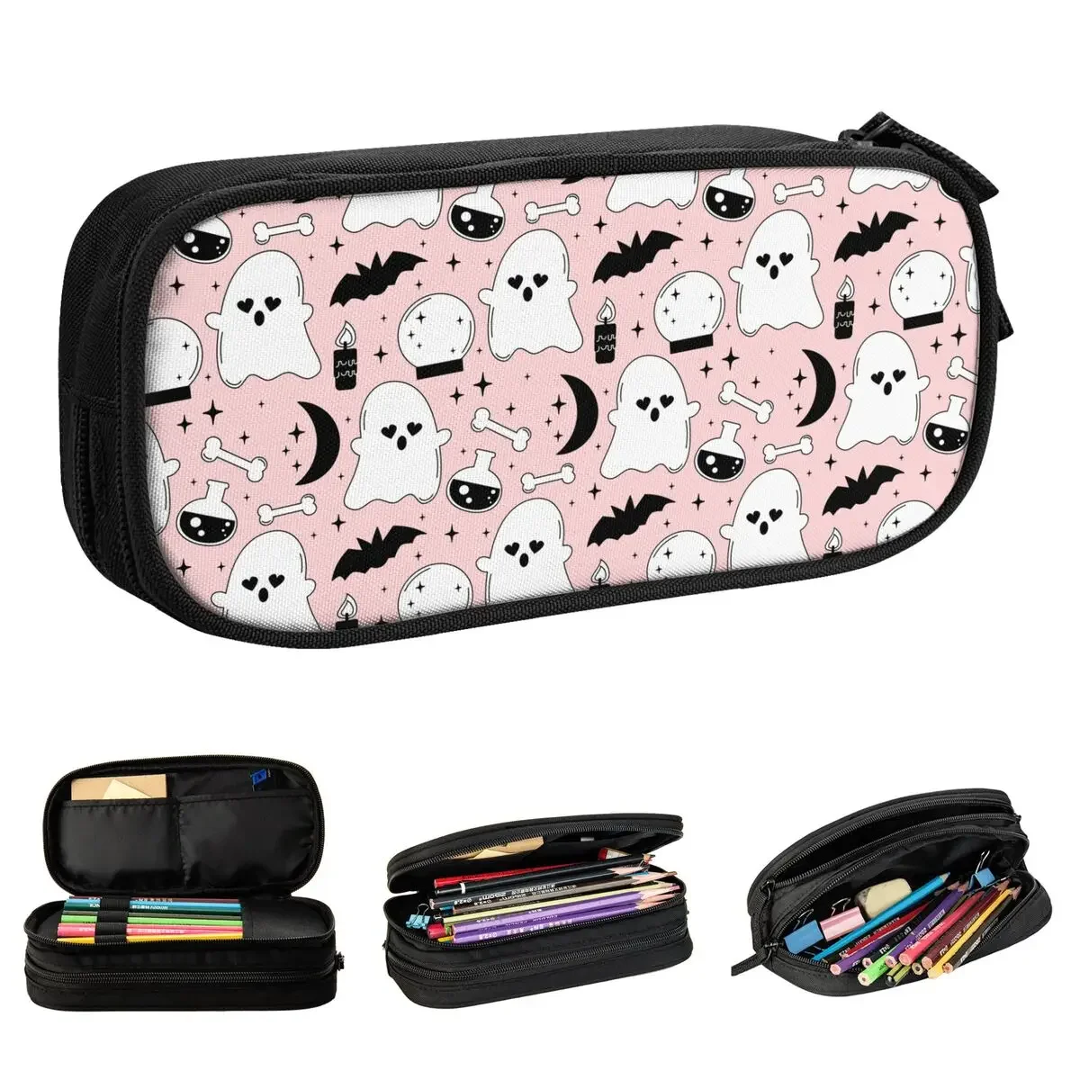 Cartoon Pink Halloween Pencil Case Ghost Bats Bones Pen Holder Bags Girls Boys Big Capacity School Supplies Zipper Pencil Pouch