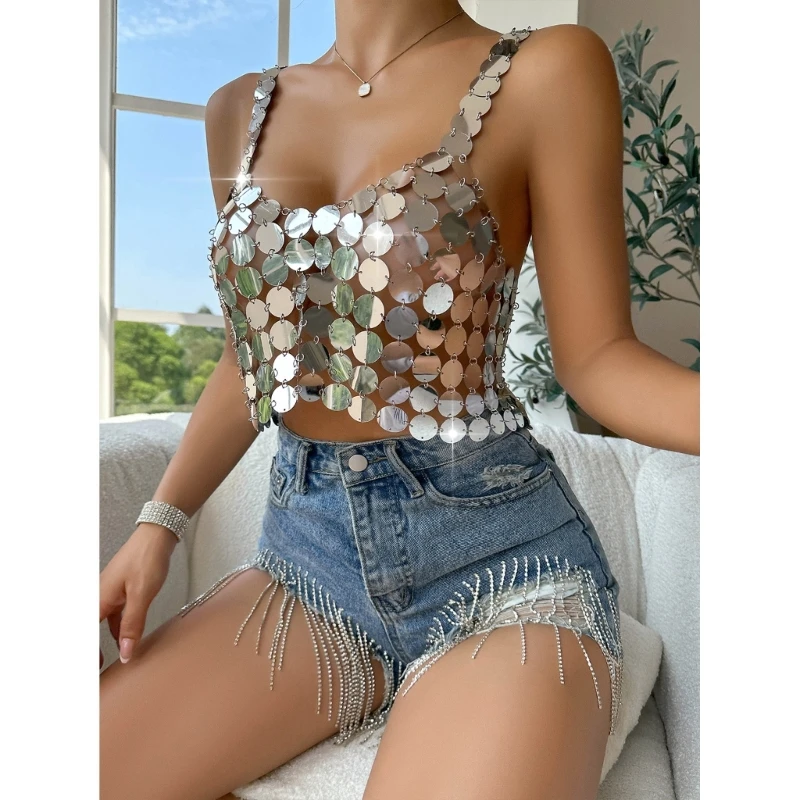 Fashionable Sequined Backless Crop Tanks Tops Hollows Sleeveless Chain Sparkly Top Sexy Outfits for Womens Summer