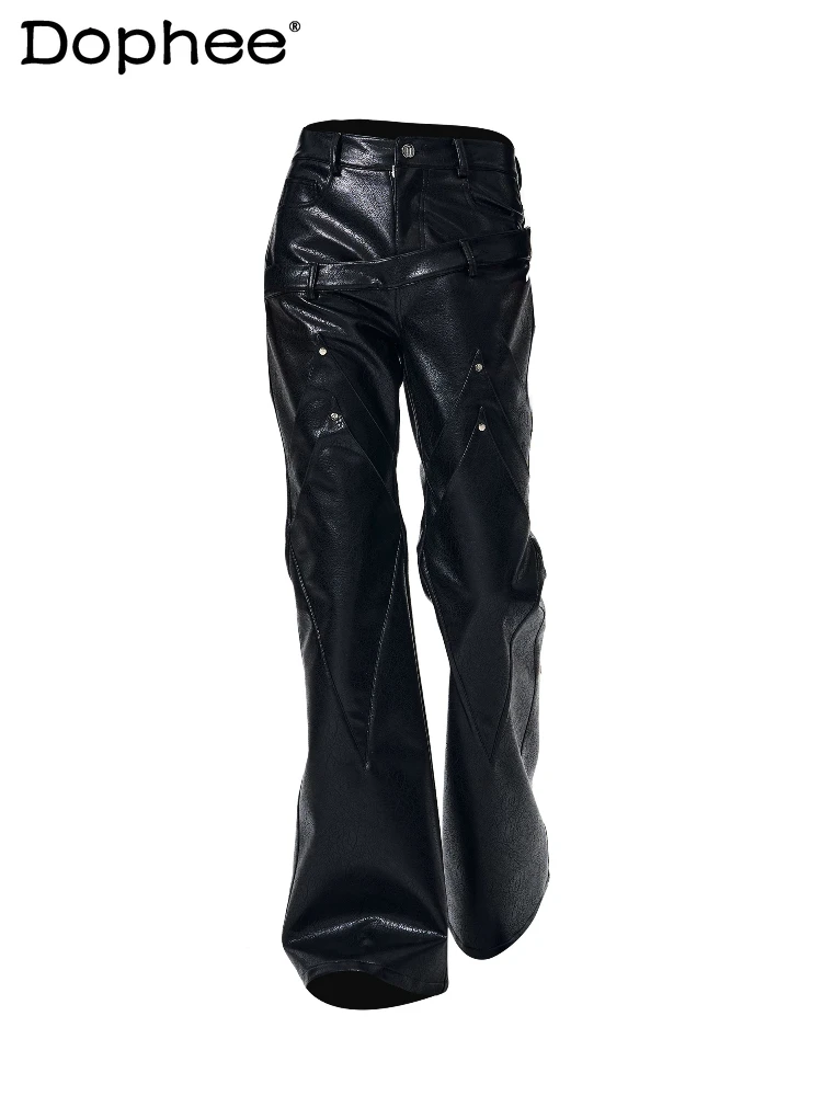 

Fashion Double Waist Chic Micro-flared Faux Leather Pants Men's 2026 Spring New Trendy Trousers Pocket Decoration Leather Pants