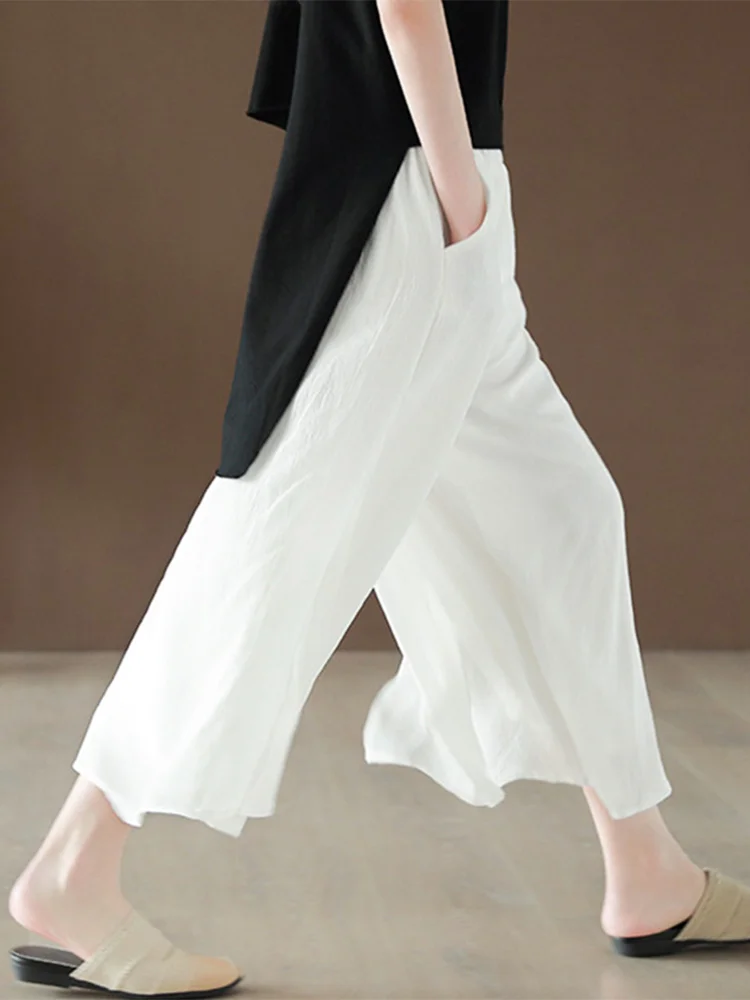 Japanese Style High Waist Wide Leg Pants Women Summer Loose Casual Thin Seven-Minute Linen Straight Nine-Piece Pants