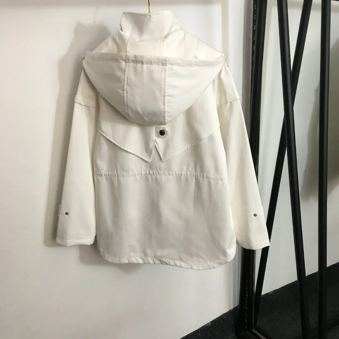 

24 New Ladies Fashion Spring/Summer Decor Super Slim Waist Drawstring Waist Long Sleeve Hooded Zipper Trench Coat, White, SML