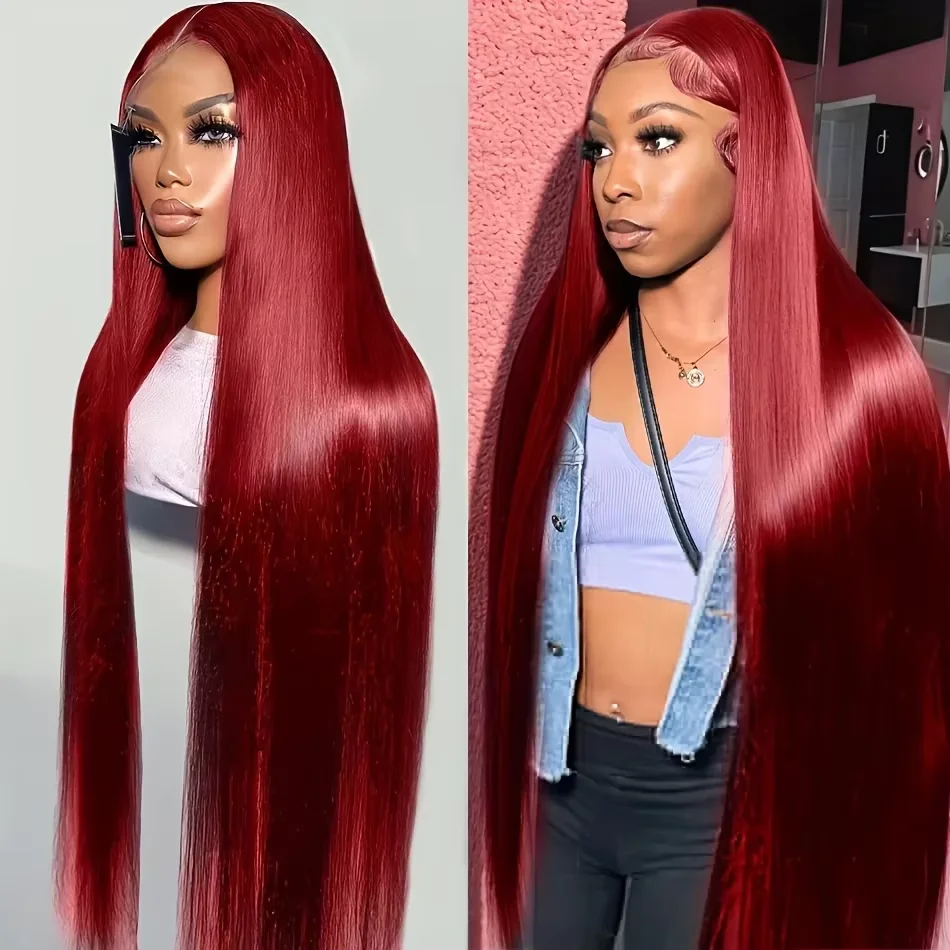 

99J Burgundy 250 Density 13x4 Brazilian HD Lace Front Wig For Women Straight Red 30 Inch Glueless Lace Frontal Human Hair Wigs