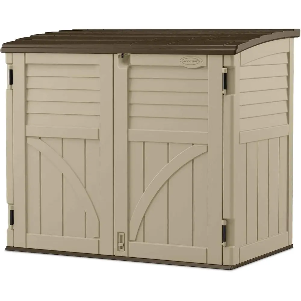 

Horizontal Shed Compact Outdoor Storage - 34 Cubic Feet Capacity, Sand & Slate Lockable Multi-Wall Resin Organizer for Trash Can