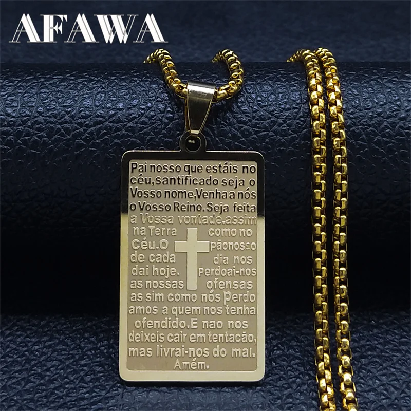 Collar de oración de Cruz de Navidad para hombre, joyería religiosa portuguesa de acero inoxidable, N2035S02
