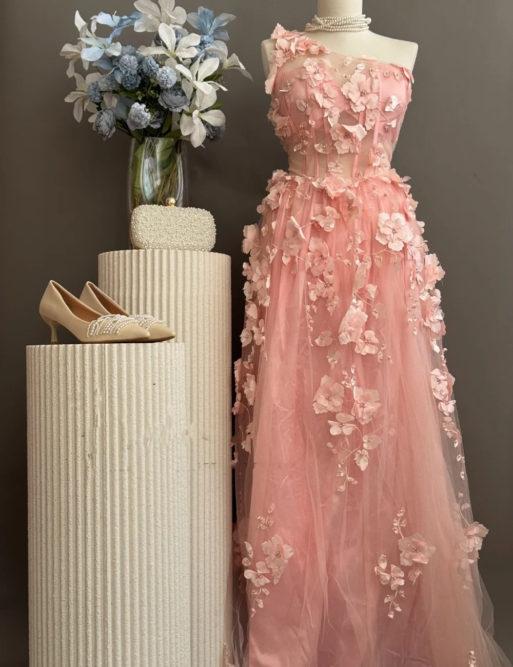 

Customized Exquisite Net Pleat Applique A-line One-shoulder Long Dresses Bespoke Occasion Party Fashion High Quality