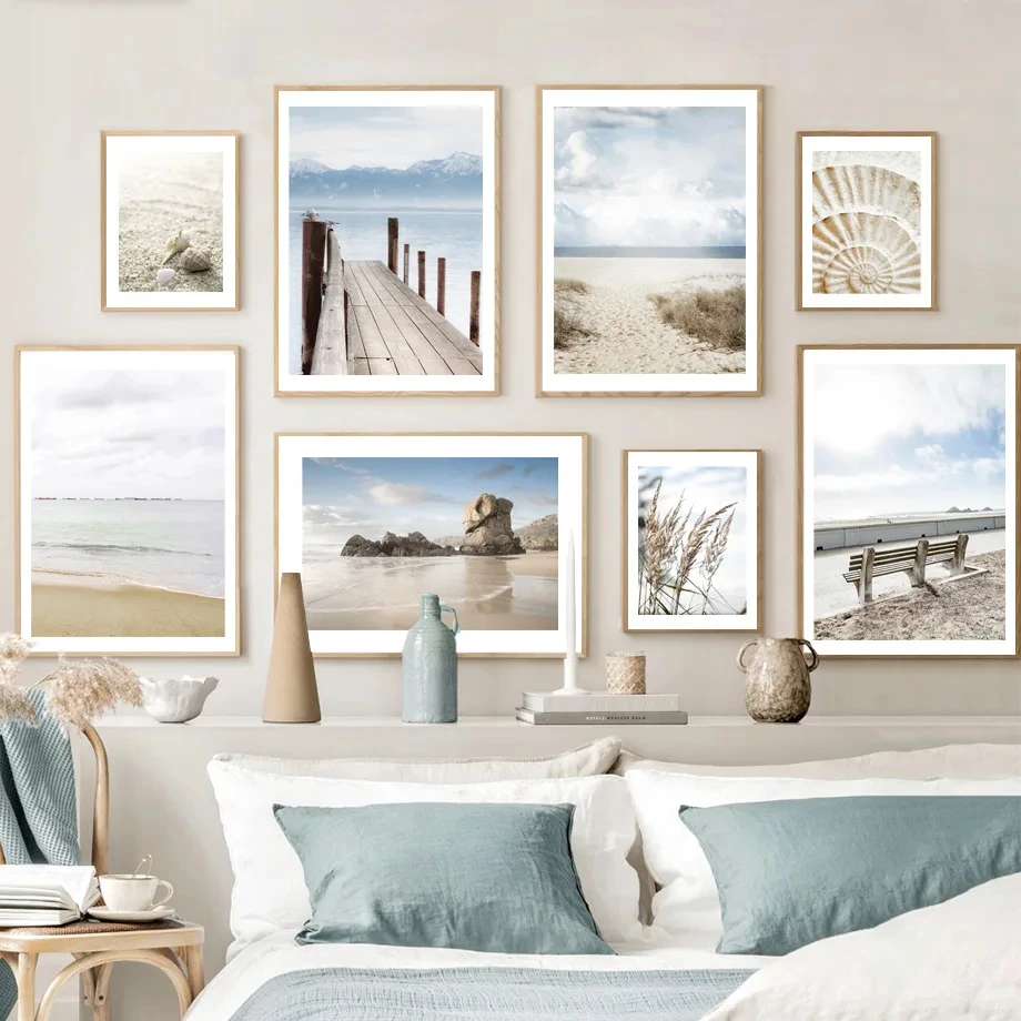 

Nordic Wall Art Canvas Painting, Beach Shell, Sea Chair, Grass, Natural Scenery, Prints, Pictures for Living Room Decor