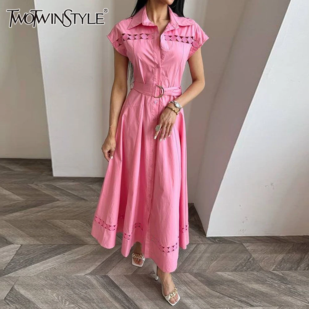 

TWOTWINSTYLE Solid Hollow Out Spliced Single Breasted Long Dresses for Women Lapel Sleeveless Patchwork Lace Up Dress Female New