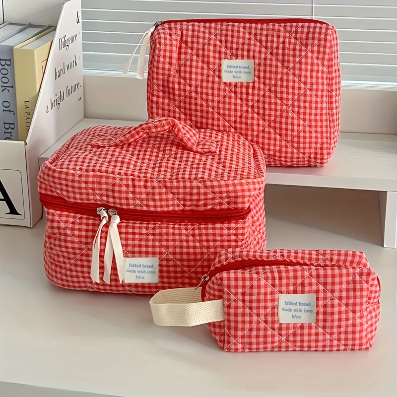 Karierte Make-up-Tasche, große Kapazität, tragbare Kosmetiktasche für Frauen und Mädchen, Hautpflege-Kulturbeutel, multifunktional, niedliche Geldbörse