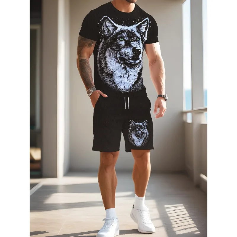 

2025 Creative Fashion New Trend Summer 3D Digital Animal Printing Casual Round Neck Short Sleeve Shorts Set Retro Men's T-shirt