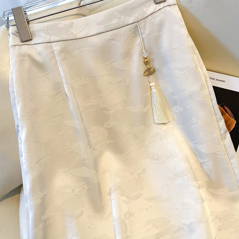 Gonna longuette a vita alta da donna Primavera Autunno Taglia grande A-Line Dritto Acetato Raso Ricamo Cinese Sle Pendolarismo