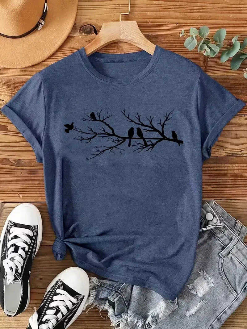 

Plus size women's short sleeve T-shirt Birds On Branch With Label Spring and Summer Essentials summer outfits women's clothing