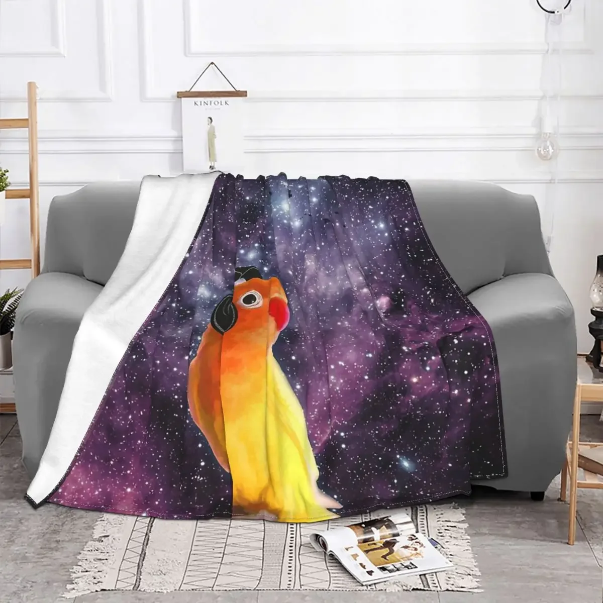 Space Animal Blanket Flannel Decoration Lovebird Listening To Music In Outer Portable Home Bedspread