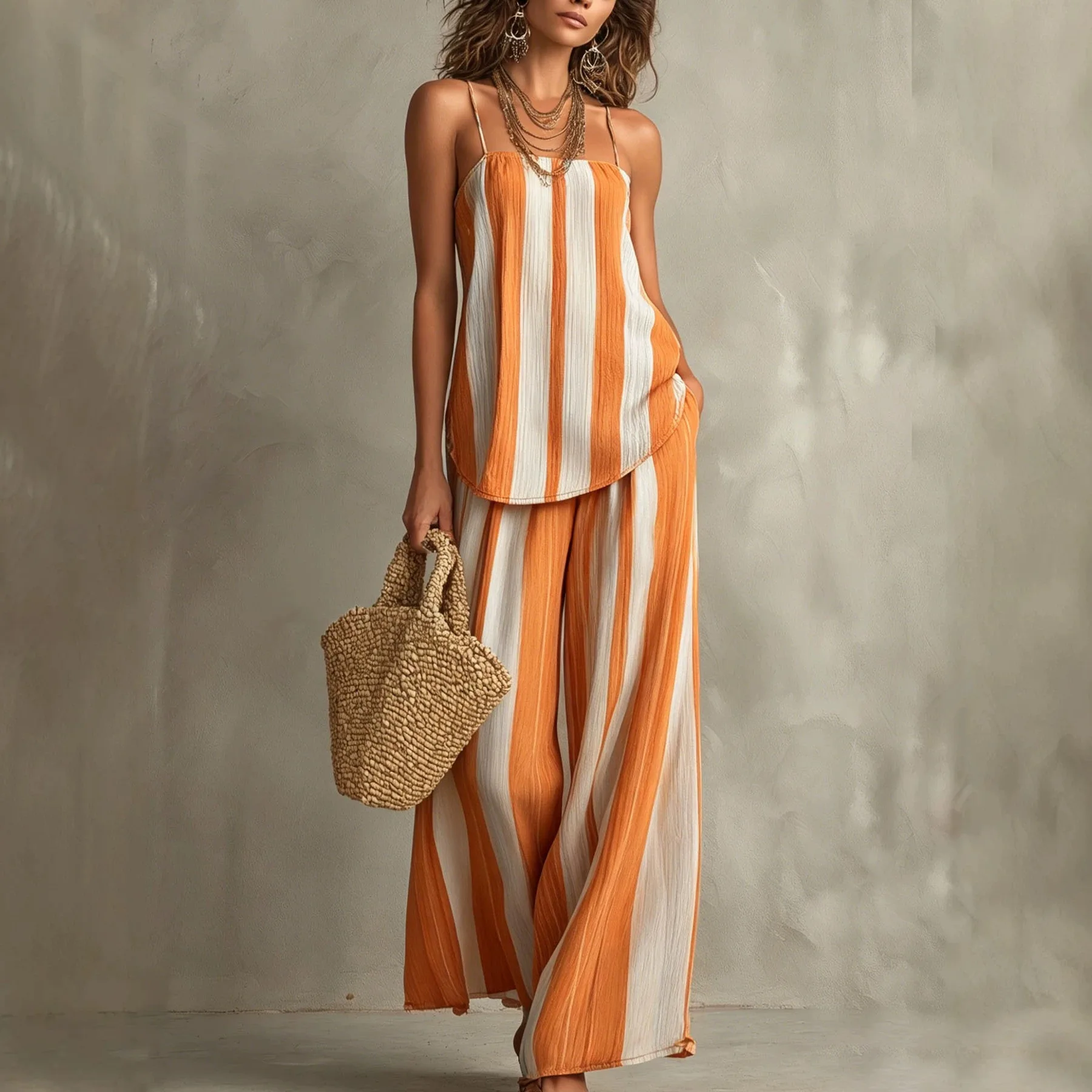 Chic 2026 Summer Striped Camis Top Pajamas Sets Outfits Texture Sling Wide Leg Pants Two-piece Vacation Vest Trousers Set Y2K