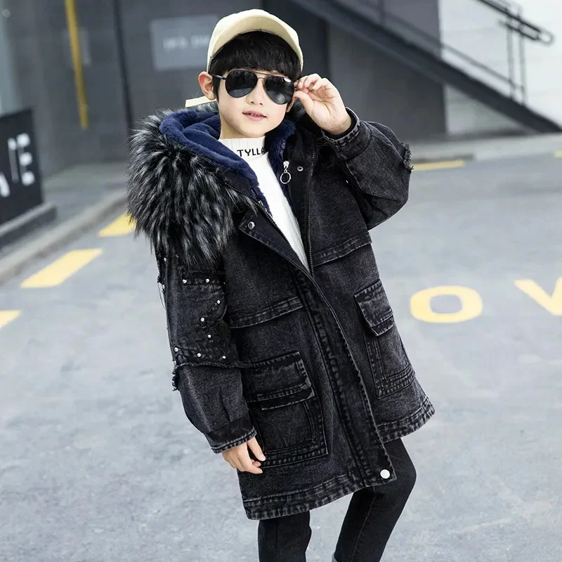 Fashion Boys Clothes Winter Thick Warm Tops with Large Fur Collar Kid for Teens Removable Plush Coats Denim Parka 4-12 Y