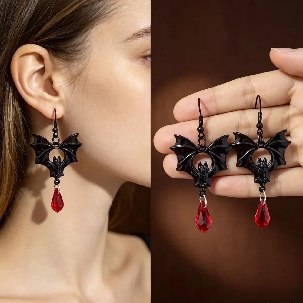 Gothic Vampire Bat Dangle Earrings Red Crystal Water Drop Pendant Halloween Jewelry for Men Women Party Daily Holiday Gift