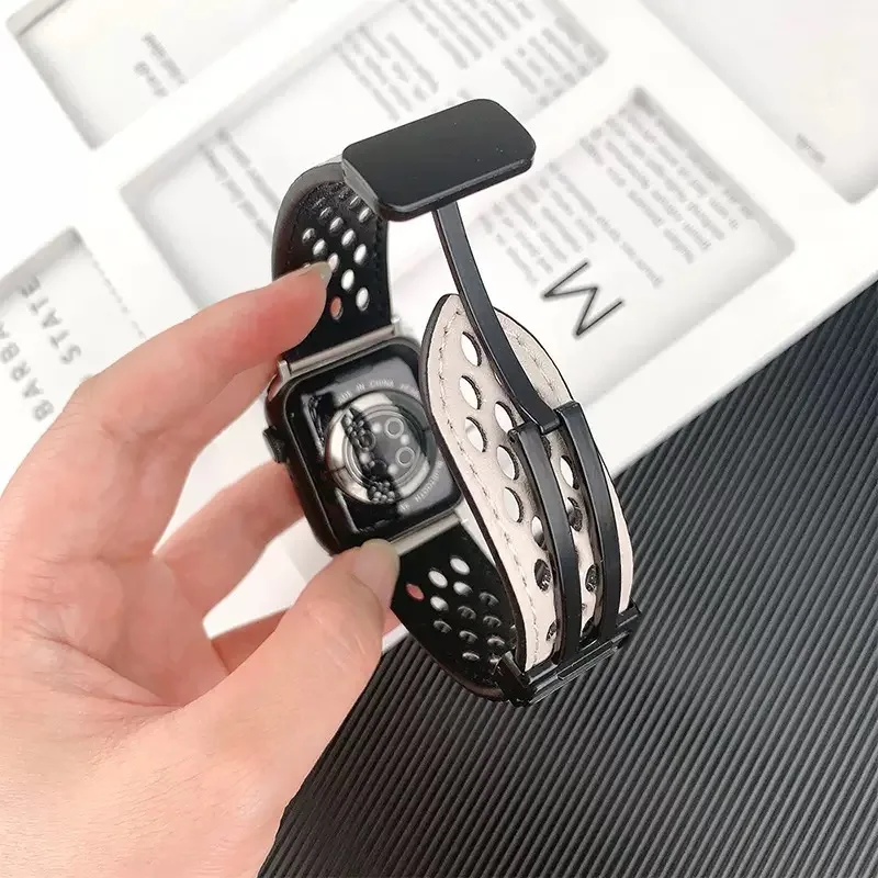 Silicone+Magnetic Buckle Leather Loop For Apple Watch Band 46mm 49mm 42mm 44mm 45mm 41mm Breathable Watchband iWatch Ultra 2 10