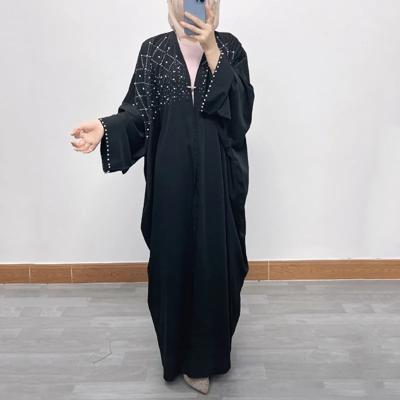 

Abaya Dubai Bat Sleeves Middle East Dubai Hot Rolled Diamond Nail Pearl Loose Size Cardigan Robe Jalabiya for Women