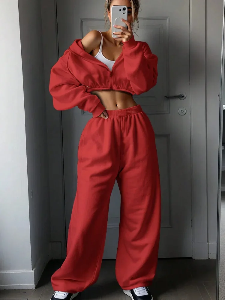 

Solid Round Neck Sweatshirt Long Pants Set Women Casual Long Sleeved Short Pullover Straight Pants Suit Lady Fashion Daily Sets