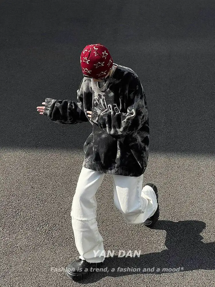 Gothic punk Men's knitting sweater Retro Tie Dye Gradient Knit Sweater Black Street Style Hip Hop Fashionable Pullover Outerwear