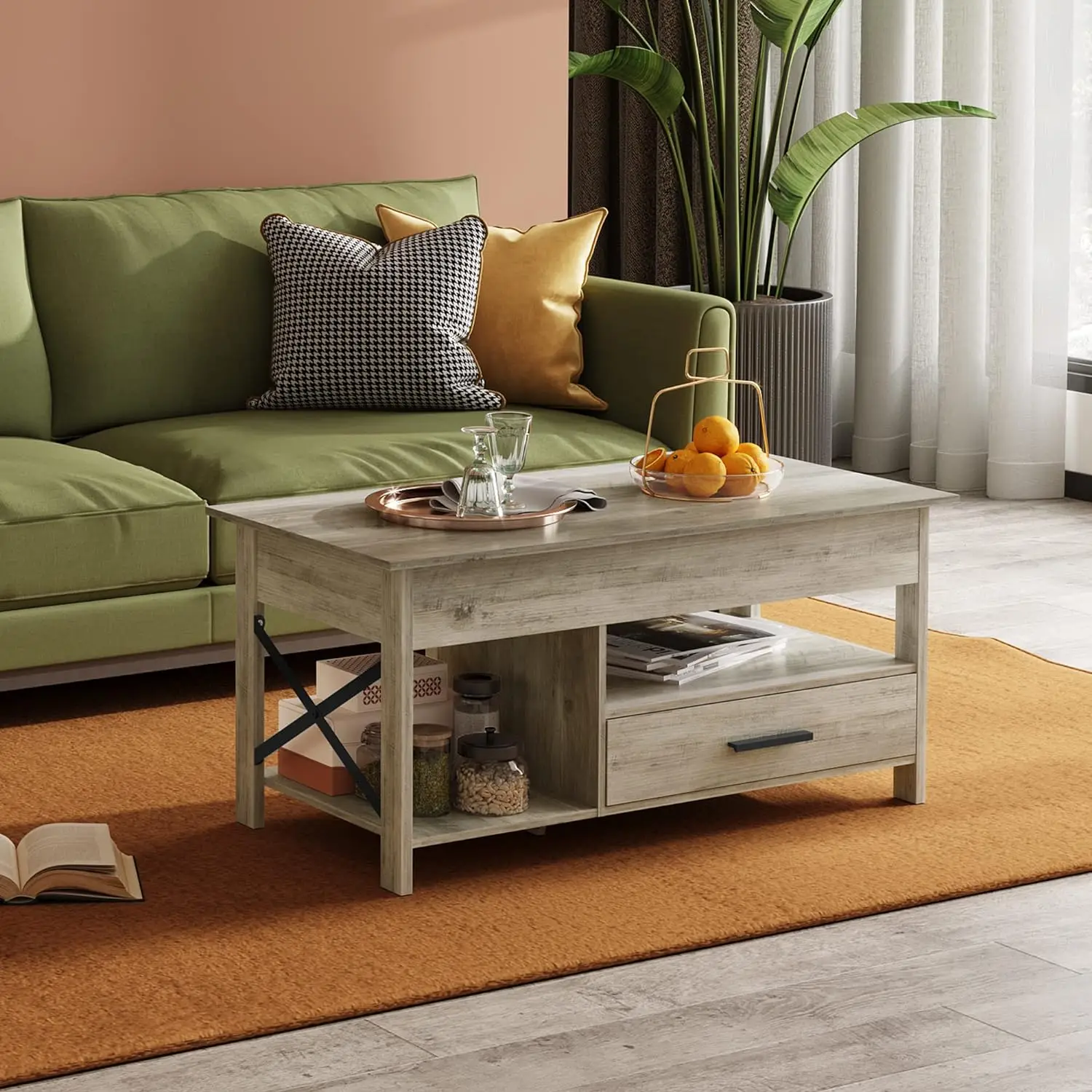 WLIVE-Lift Top Coffee Table para sala de estar, mesa de café com armazenamento, compartimento escondido e armação metálica, mesa central para Rece