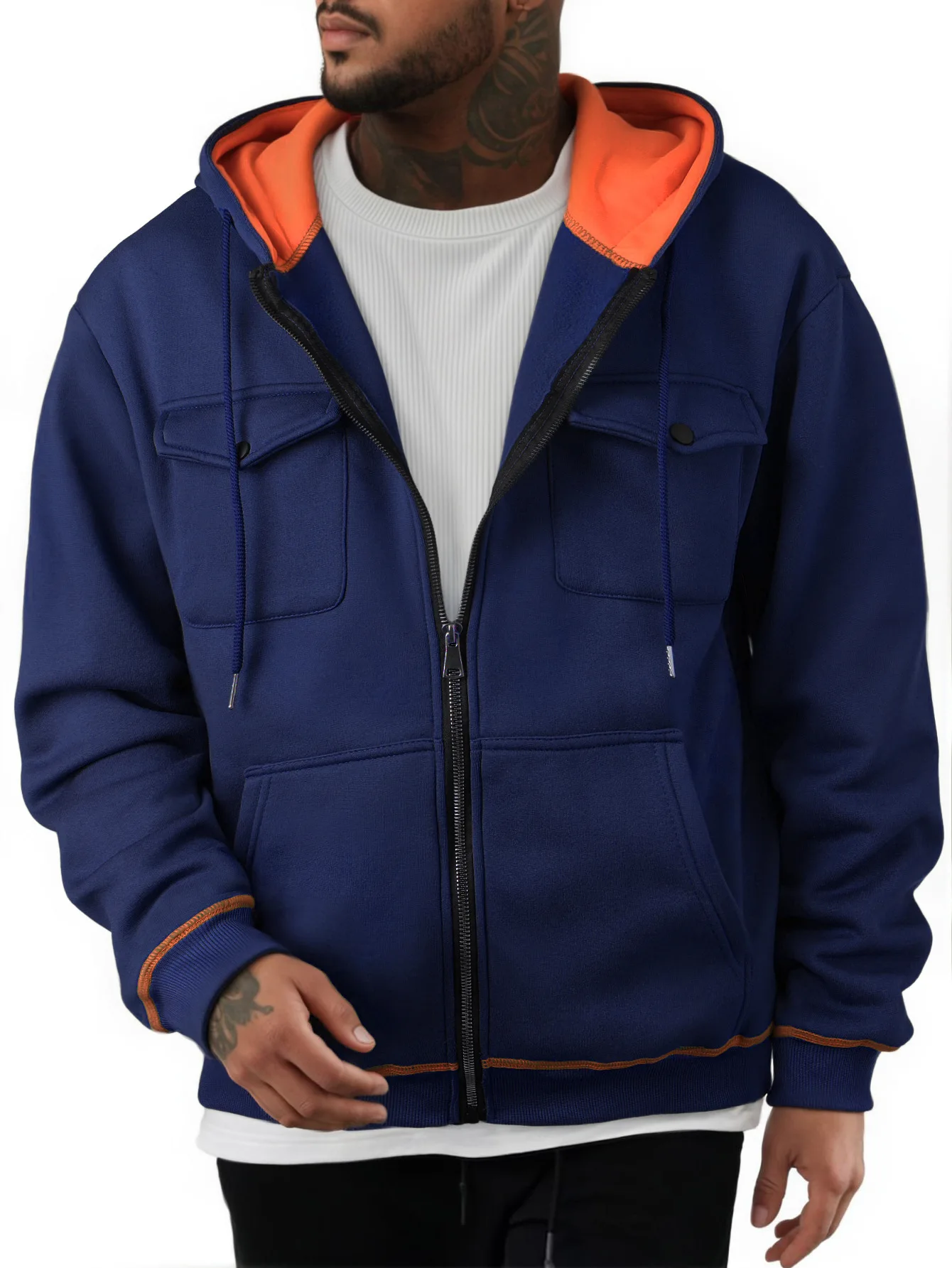 Men Zip‑Up Hooded Cargo Jacket Color Contrast Multi Pockets Loose Casual Long Sleeve Outerwear