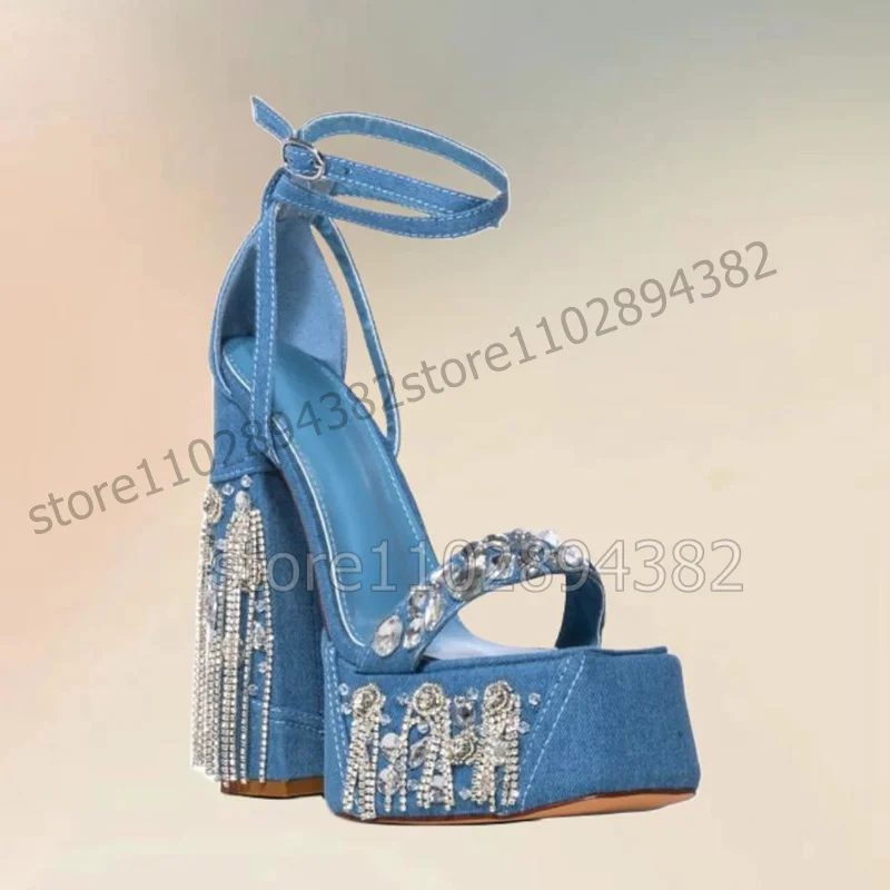 Blue Denim Crystal Tassels Open Toe Platform Sandals Ankle Buckle Strap Women Shoes Chunky High Heels 2023 Zapatos Para Mujere