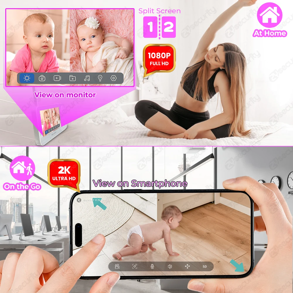 2K 3MP كاميرتين واي فاي مراقبة الطفل تقسيم الشاشة هاتف الطفل عبر التحكم في التطبيق وشاشة IPS مقاس 4.3 بوصة كشف الحركة تعقب تلقائي بتز كاميرا الطفل دعم اليكسا ومساعد جوجل