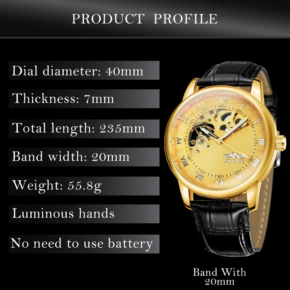 WINNER Vintage Gold Watch for Men Classic Luxury Transparent Skeleton Mechanical Watches Casual Leather Strap Luminous Hands