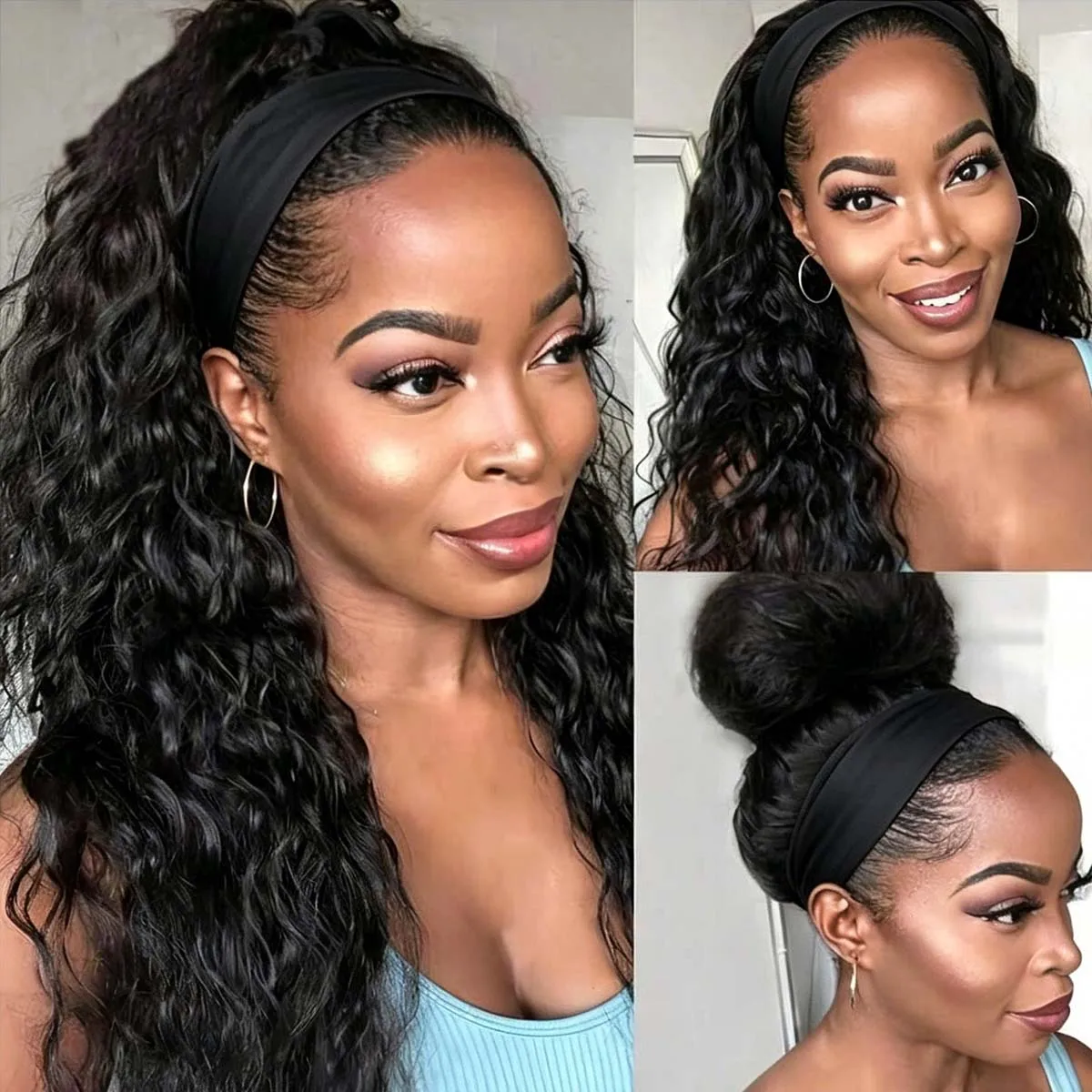 

Deep Wave Headband Wig Human Hair 22 Inch Curly Headband Wigs Human Hair Deep Curly Wig Glueless None Lace Front Wigs Brazilian Virgin Hair Wig Machine Made 200% Density Natural Black Color for Black Women