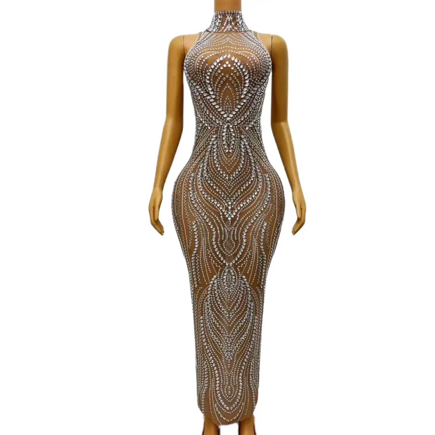 Women Shining Birthday Celebrate Silver Rhinestones Long Dress 2024 Singer Dance See Through Nude Mesh Stretch Outfit Liuxu