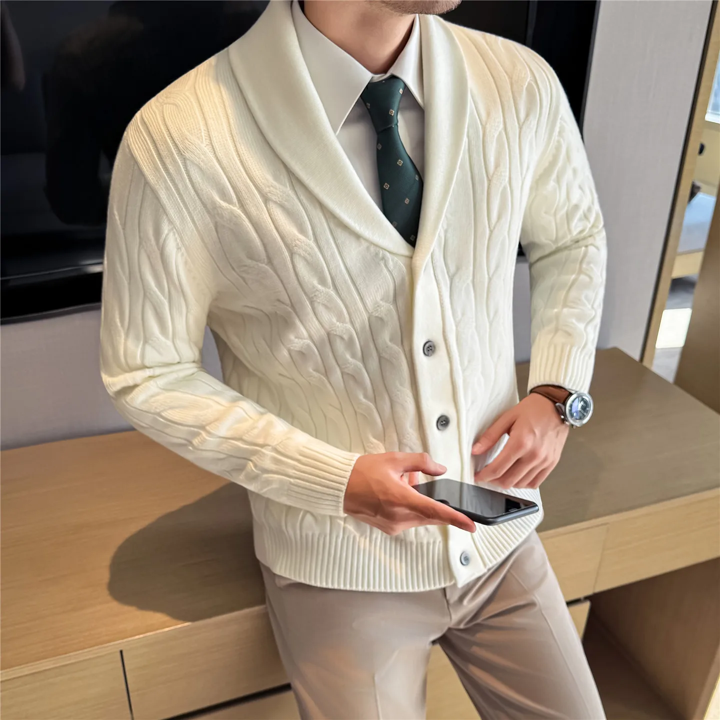 

2025 Autumn Winter Knitted Cardigan Sweater Men's Thick Warm Striped Cardigan Jacket British Style Casual Business Social Coats