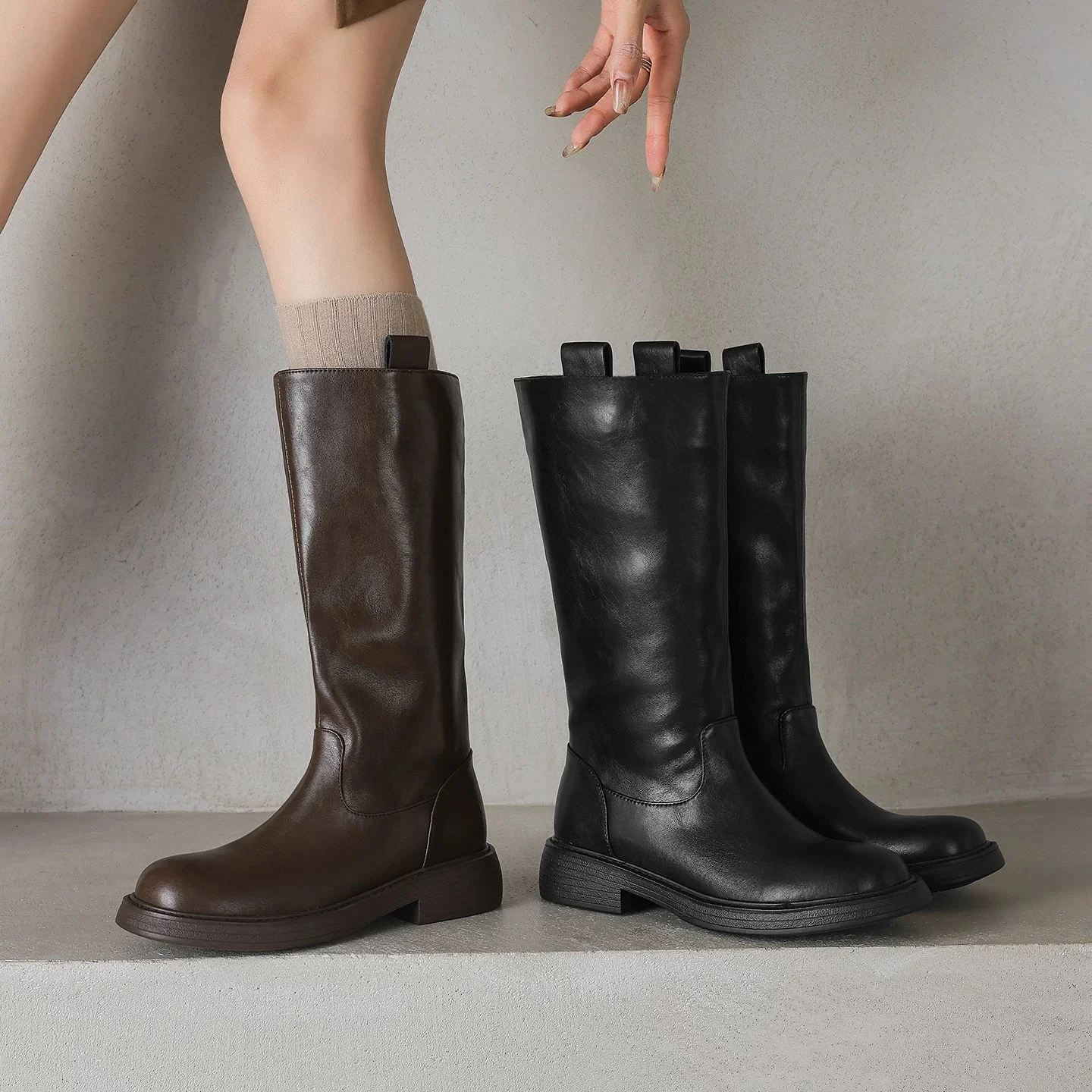 retro-sle-thi-talon-bla-simple-bottes-longues-femmes-2025-automne-hiver-nouveau-polyvalent-mi-mollet-bout-rond-bottes-de-chevalier-droites