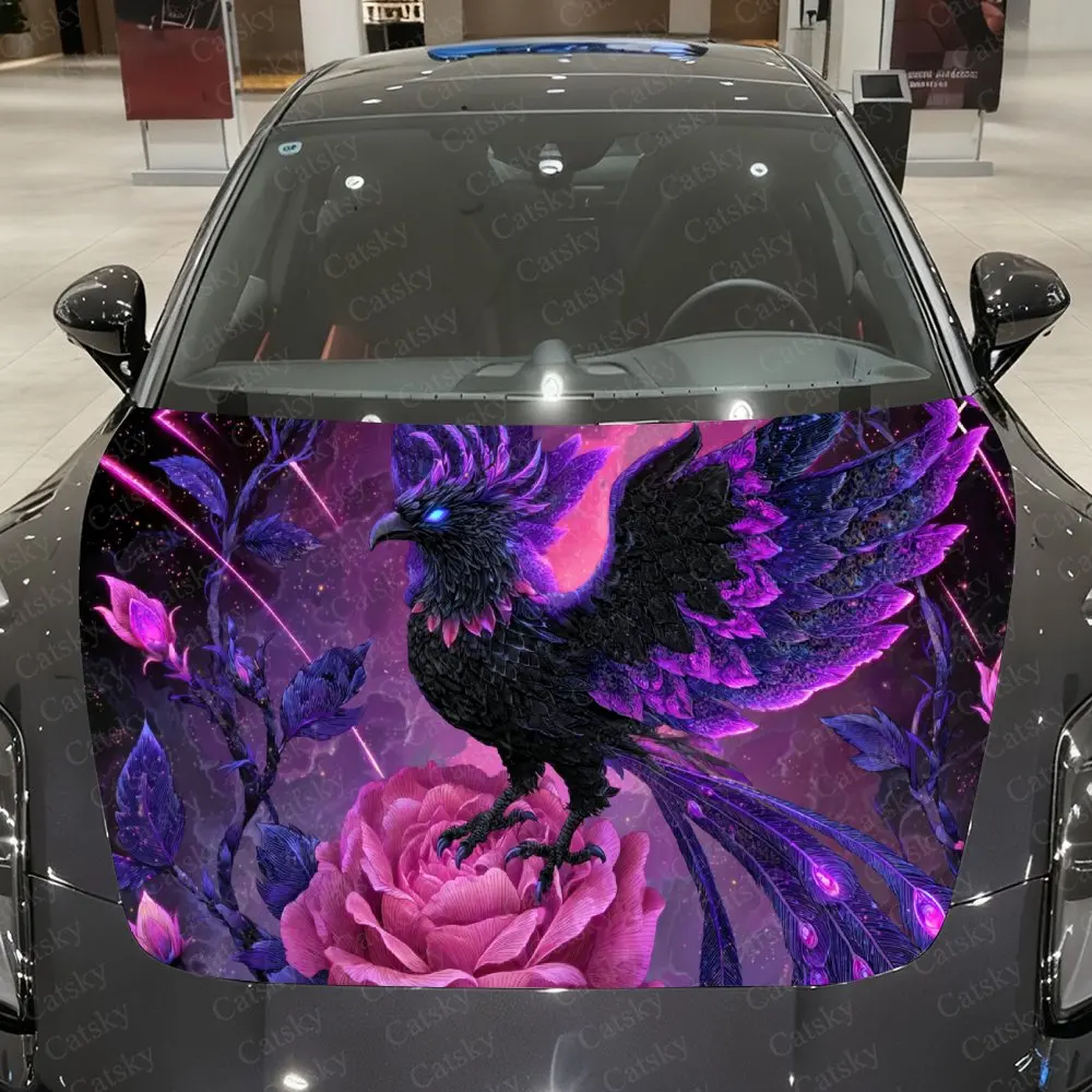 

Dreamy Purple Black Phoenix Wrapped in Rose Cluster Car Vinyl Wrap, PVC Material Waterproof Car Hood Sticker, Self-Adhesive Scra