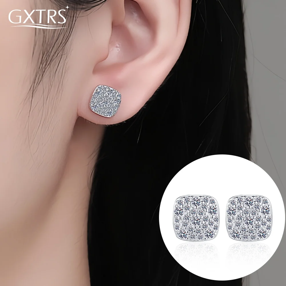

GXTRS Full Moissanite Square Stud Earrings For Women 925 Sterling Silver Fashion Party Wedding Ear Studs 18K Plated Fine Jewelry