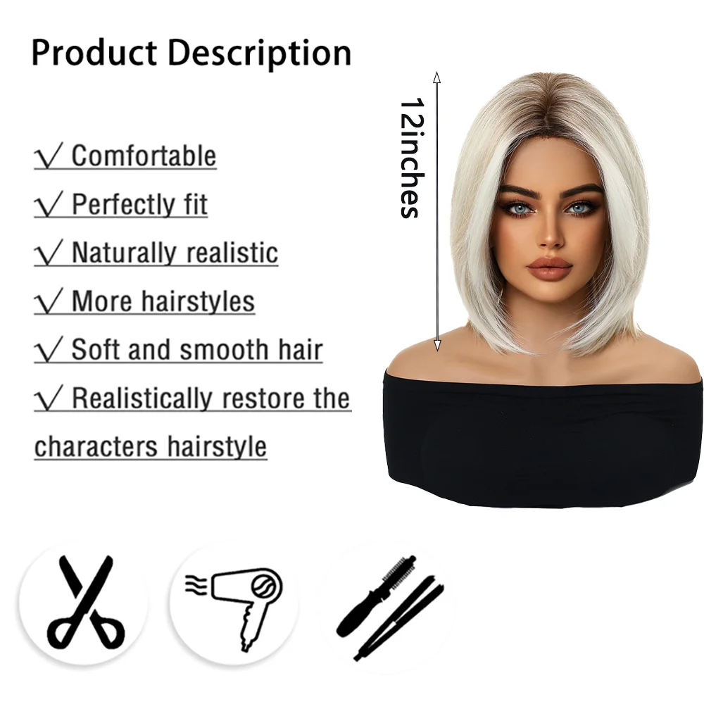 Women Short Straight Bob Wigs Platinum Blonde Ombre Heat Resistant Synthetic Hair Natural Look For Halloween Costume Party Daily