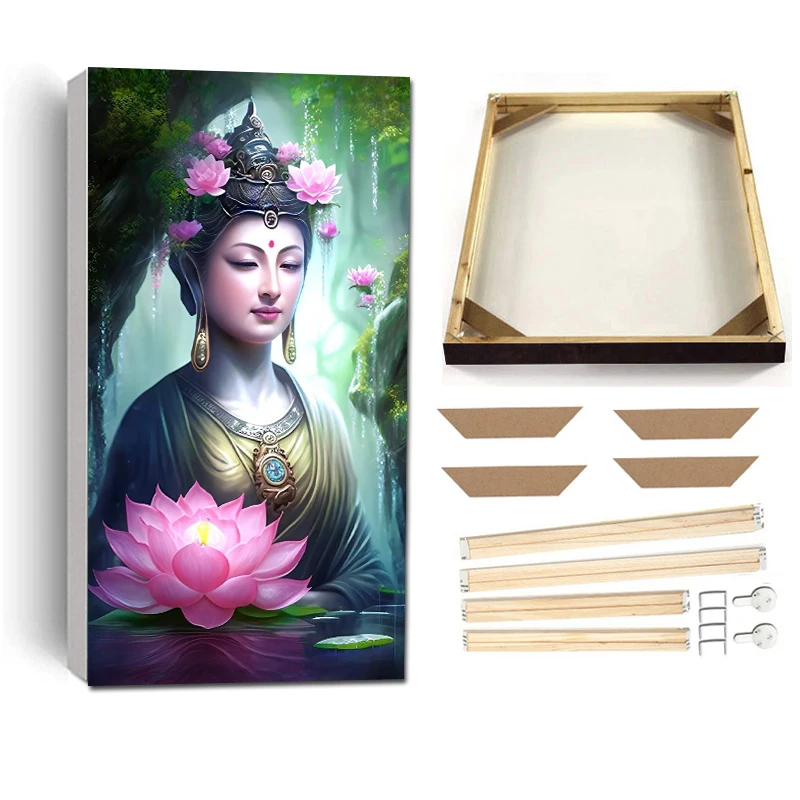 Lotus Buddha Wall Art Canvas Painting with Frame 100x200cm 70x140cm Religious Belief Poster Prints Large Indian Buddhism Picture